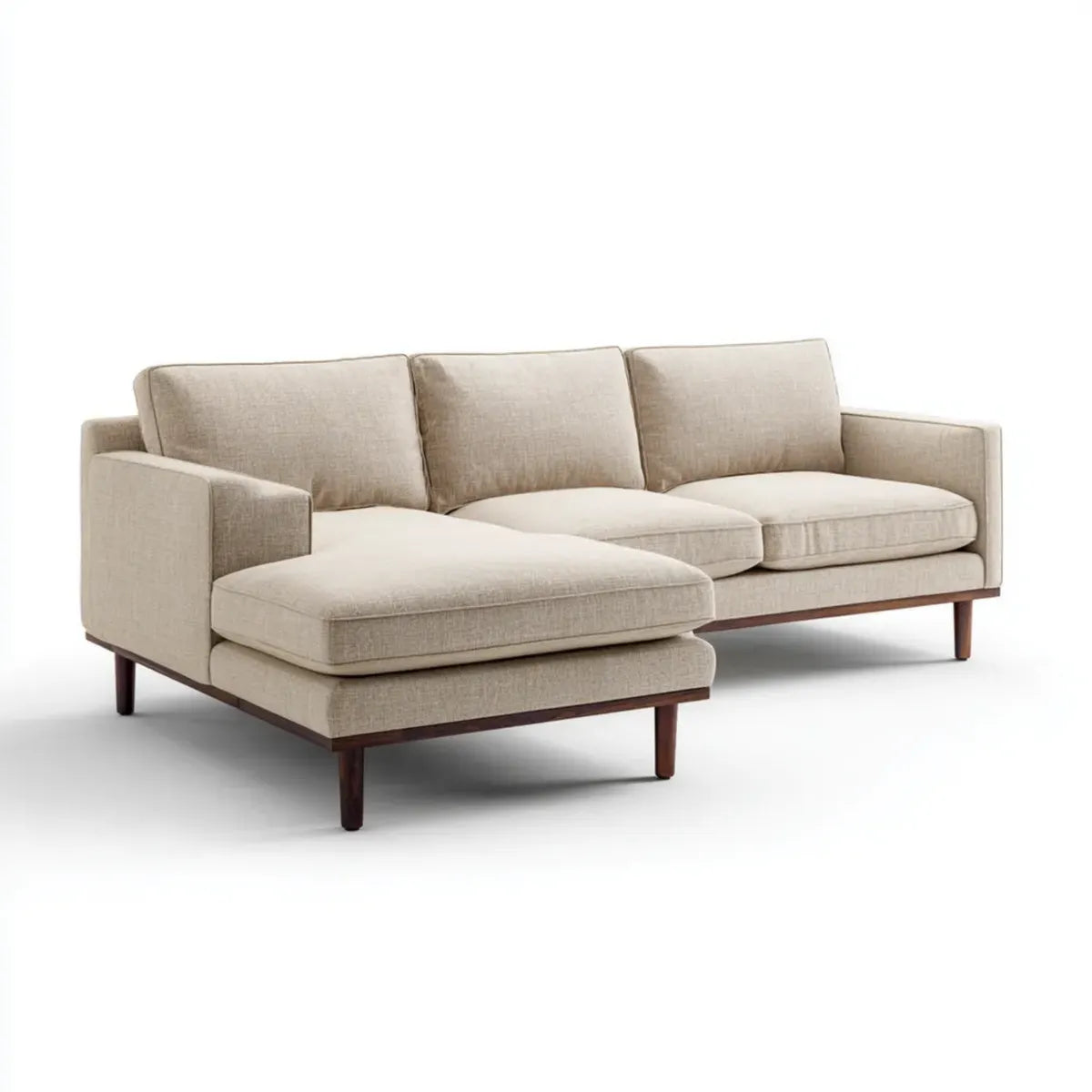 Sofa, Kanapa narożna 3 fotele z krzesełkiem z lewym beżowym kształtem poliestru 250 x 160 x 82 cm