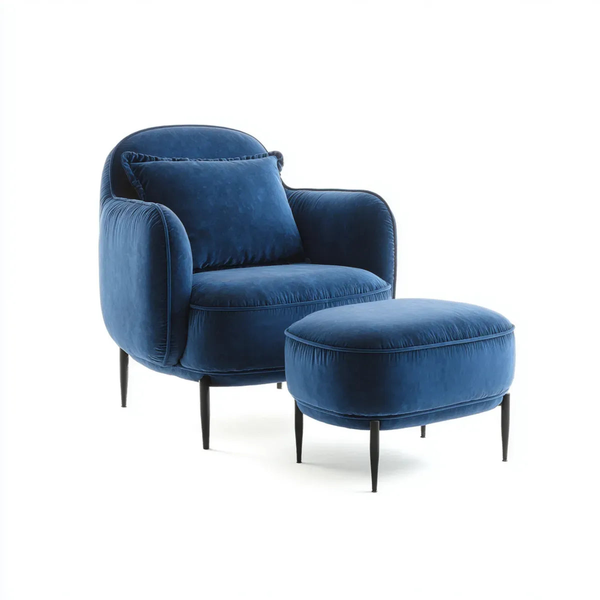 Fotel, Krzesło z granatowym podnóżkiem w zaokrąglonym kształcie poliestrowym aksamitem 82 x 85 x 82 cm