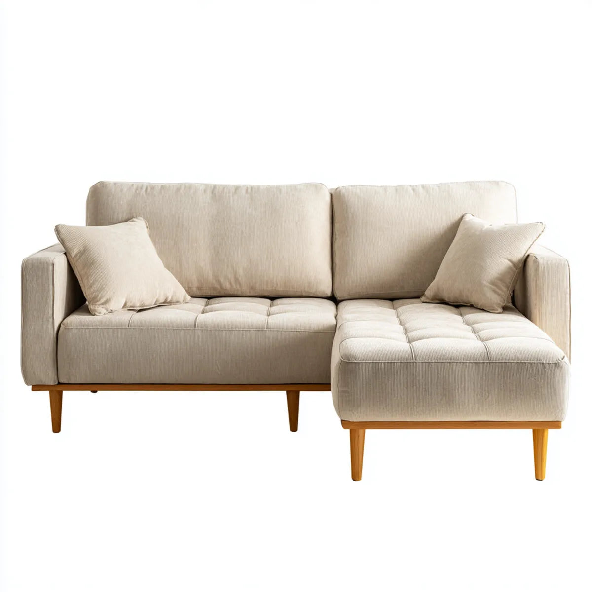 Sofa, Kanapa narożna z krzesełkiem z siekierą na prawo beżowy aksamit na żeberka poliestrowe 230 x 150 x 85 cm