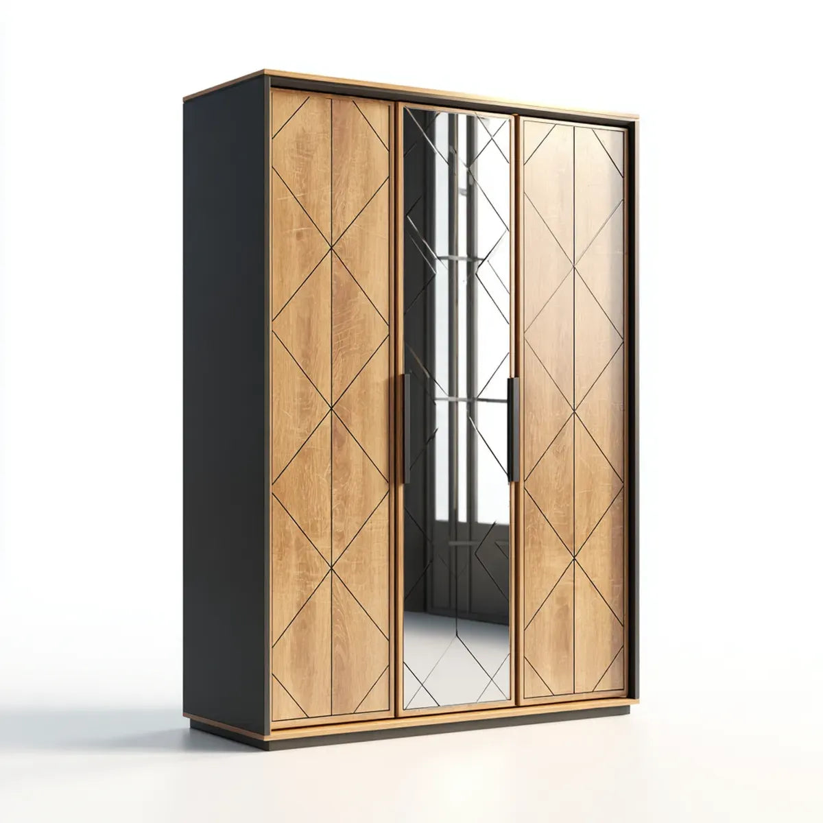 Szafa sypialna 3 drzwi z lekkim lustrem dębowym czarny 180 x 60 x 210 cm w prostokątnych panelach MDF