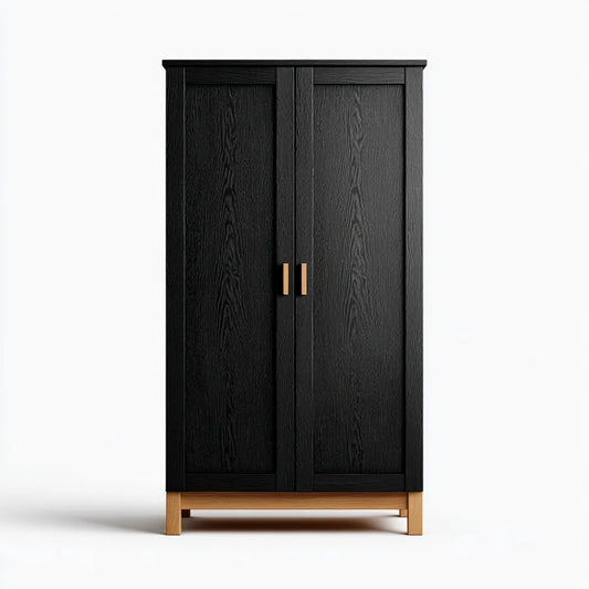 Szafa sypialna 2 czarne drzwi 100 x 55 x 200 cm w panelach MDF wykończenie dębowe nóżki dekoracji w litej prostokątnej sosny