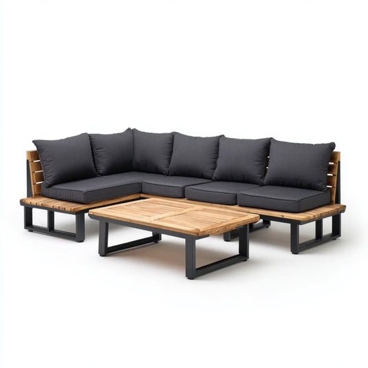 Sofa ogrodowa, Ogród salon narożnik kanapa zestaw antracyt naturalna 240 x 240 x 70 cm z stolik kawowy 100 x 60 x 35 cm z akacji litej stali drewnianej kształt litery L