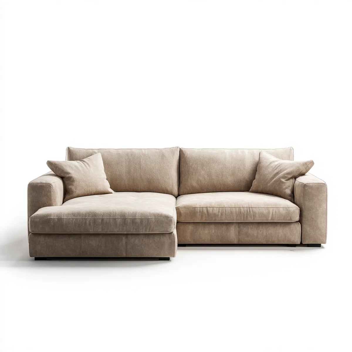 Sofa, Kanapa narożna 3 fotele z krzesełkiem z lewym beżowym mikrofibrem z poliestru 250 x 160 x 85 cm
