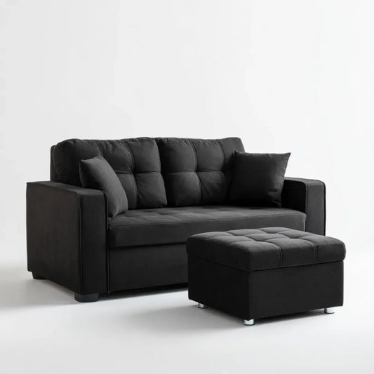 Sofa 2 fotele z czarnym poliestrowym pufem aksamitnym efekt 160 x 85 x 88 cm