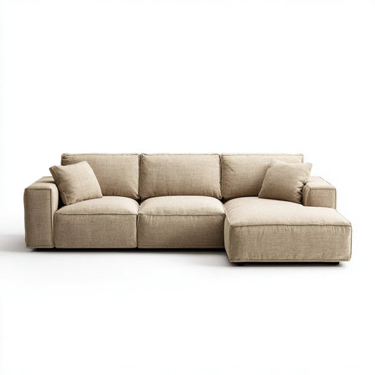 Sofa, Kanapa narożna z szewcem z prawej beżowej poliestru 280 x 160 x 85 cm