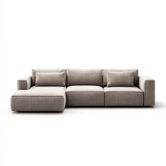 Sofa, Kanapa narożna 3 fotele z krzesełkiem i wiórem w lewym, szarym gołębiu 280 x 160 x 85 cm w kształcie poliestru L