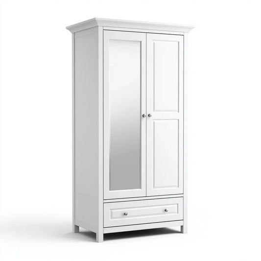 Szafa, Szafka z białą sypialnią 2 drzwi z lustrem i szufladą 90 x 52 x 190 cm w prostokątnych panelach MDF