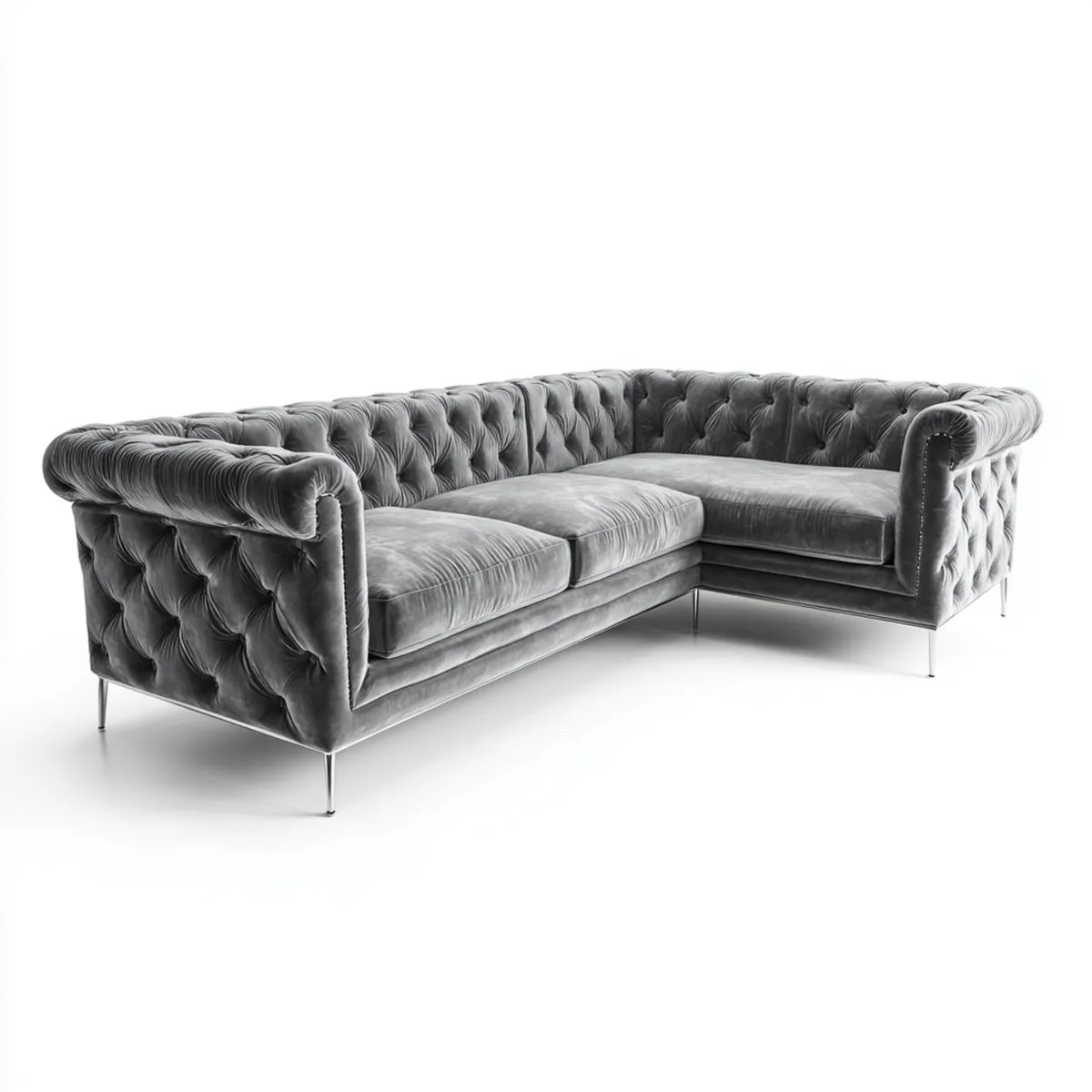 Sofa, Chesterfield szara kanapa kątowa w poliestrowym aksamicie 280 x 200 x 85 cm 4 siedzenia