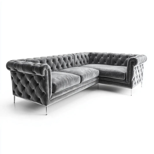 Sofa, Chesterfield szara kanapa kątowa w poliestrowym aksamicie 280 x 200 x 85 cm 4 siedzenia