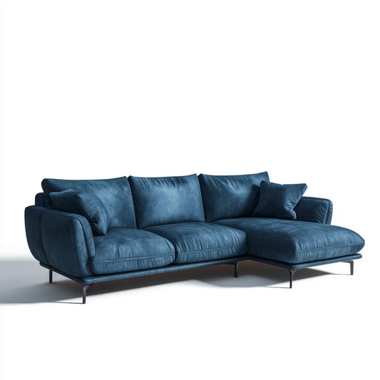 Sofa, Kanapa narożna 3 fotele z krzesełkiem z prawym niebieskim aksamitem poliestrowym 260 x 160 x 85 cm